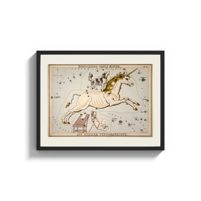 Framed Unicorn and dog constellation illustration print shown as a wide statement piece on a clean white wall