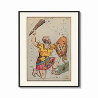 Framed Orion constellation as warrior with lion print shown as a bold statement piece on a clean gallery wall