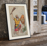 Orion constellation as warrior with lion print in a black frame leaning beside a vintage door on parquet
