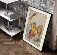Orion constellation as warrior with lion poster in a black frame leaning beside a shelf in a raw-plaster loft