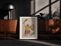 Black-framed Orion constellation as warrior with lion print on a moody console with designer coffee-table books