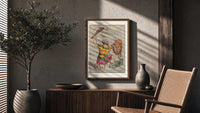 Orion constellation as warrior with lion poster framed above a fluted sideboard beside an olive tree