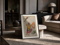 Orion constellation as warrior with lion print in a black frame leaning on a travertine table in a sunlit lounge