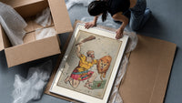 Orion constellation as warrior with lion framed print being unpacked from protective bubble wrap and a box