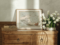 Winged horse Pegasus constellation map print in an oak frame on a farmhouse dresser beside white tulips