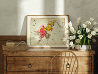 Perseus holding sword and Medusa head print in an oak frame on a farmhouse dresser beside white tulips