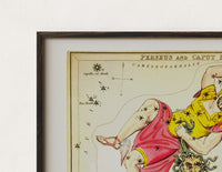 Close-up of the Perseus holding sword and Medusa head print's dark wood frame corner and archival matte paper