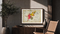 Perseus holding sword and Medusa head print in a wood frame above a fluted sideboard beside an olive tree