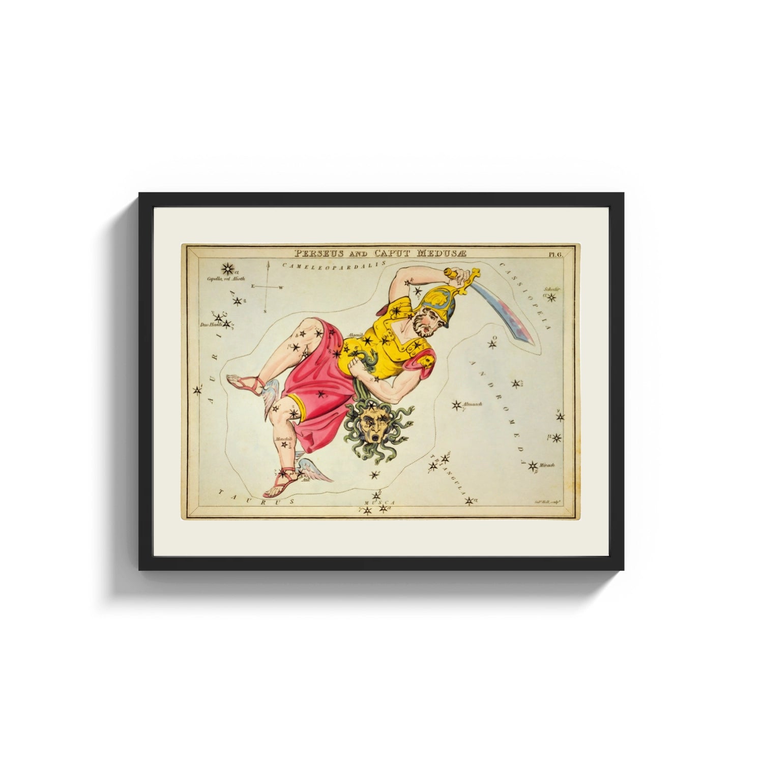 Framed Perseus holding sword and Medusa head print shown as a wide statement piece on a clean white wall