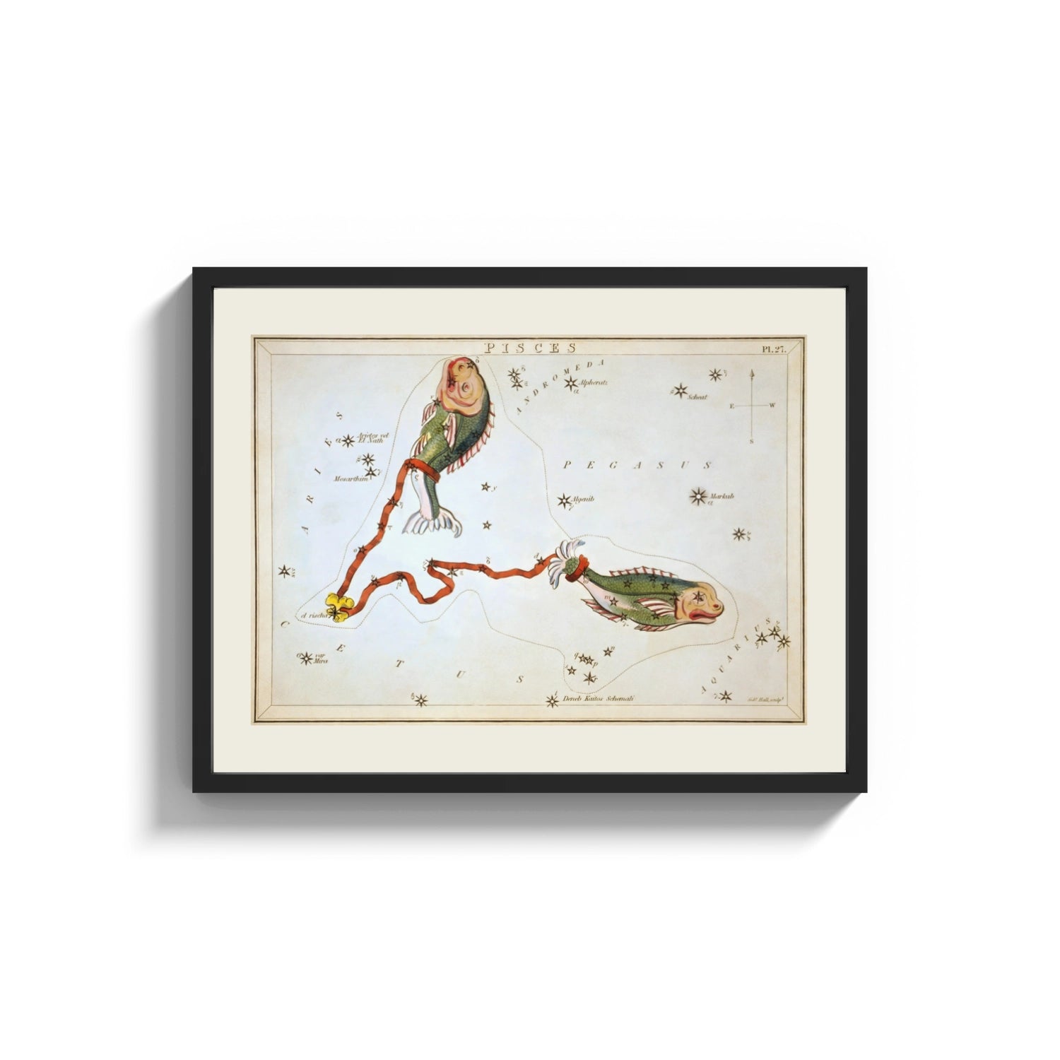 Framed Pisces constellation with two fish print shown as a wide statement piece on a clean white wall