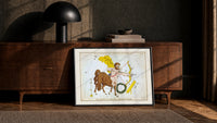 Sagittarius centaur archer constellation figure print in a black frame leaning against a walnut console in lamplight