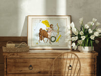 Sagittarius centaur archer constellation figure print in an oak frame on a farmhouse dresser beside white tulips
