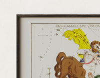 Close-up of the Sagittarius centaur archer constellation figure print's dark wood frame corner and archival matte paper