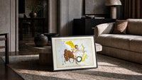 Sagittarius centaur archer constellation figure print in a slim black frame leaning on a travertine coffee table