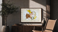 Sagittarius centaur archer constellation figure print in a wood frame above a fluted sideboard beside an olive tree