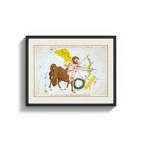 Framed Sagittarius centaur archer constellation figure print shown as a wide statement piece on a clean white wall