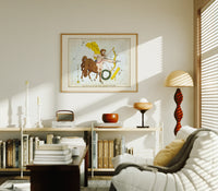 Sagittarius centaur archer constellation figure print in an oak frame above a mid-century book console with a vintage radio
