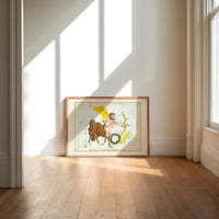 Sagittarius centaur archer constellation figure print in an oak frame on a sunlit wood floor beneath tall window light
