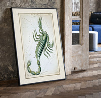Scorpio zodiac constellation scorpion print in a black frame leaning beside a vintage door on parquet