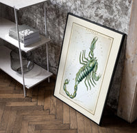 Scorpio zodiac constellation scorpion poster in a black frame leaning beside a shelf in a raw-plaster loft