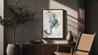 Scorpio zodiac constellation scorpion poster framed above a fluted sideboard beside an olive tree