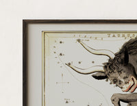Close-up of the Taurus bull constellation chart print's dark wood frame corner and archival matte paper