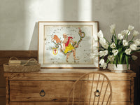 Ophiuchus serpent bearer star chart print in an oak frame on a farmhouse dresser beside white tulips