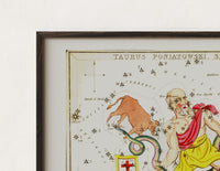 Close-up of the Ophiuchus serpent bearer star chart print's dark wood frame corner and archival matte paper