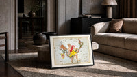Ophiuchus serpent bearer star chart print in a slim black frame leaning on a travertine coffee table