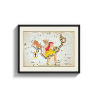 Framed Ophiuchus serpent bearer star chart print shown as a wide statement piece on a clean white wall