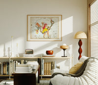 Ophiuchus serpent bearer star chart print in an oak frame above a mid-century book console with a vintage radio