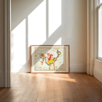 Ophiuchus serpent bearer star chart print in an oak frame on a sunlit wood floor beneath tall window light