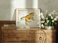 Ursa Major great bear constellation chart print in an oak frame on a farmhouse dresser beside white tulips