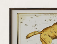 Close-up of the Ursa Major great bear constellation chart print's dark wood frame corner and archival matte paper