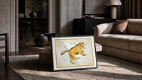 Ursa Major great bear constellation chart print in a slim black frame leaning on a travertine coffee table