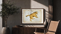 Ursa Major great bear constellation chart print in a wood frame above a fluted sideboard beside an olive tree