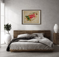 Virgo constellation maiden with wheat print in a dark wood frame above a rattan bed on a plaster wall
