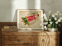 Virgo constellation maiden with wheat print in an oak frame on a farmhouse dresser beside white tulips