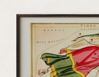 Close-up of the Virgo constellation maiden with wheat print's dark wood frame corner and archival matte paper