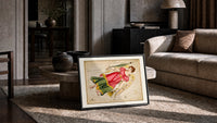 Virgo constellation maiden with wheat print in a slim black frame leaning on a travertine coffee table