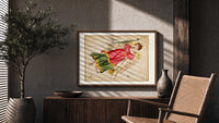 Virgo constellation maiden with wheat print in a wood frame above a fluted sideboard beside an olive tree