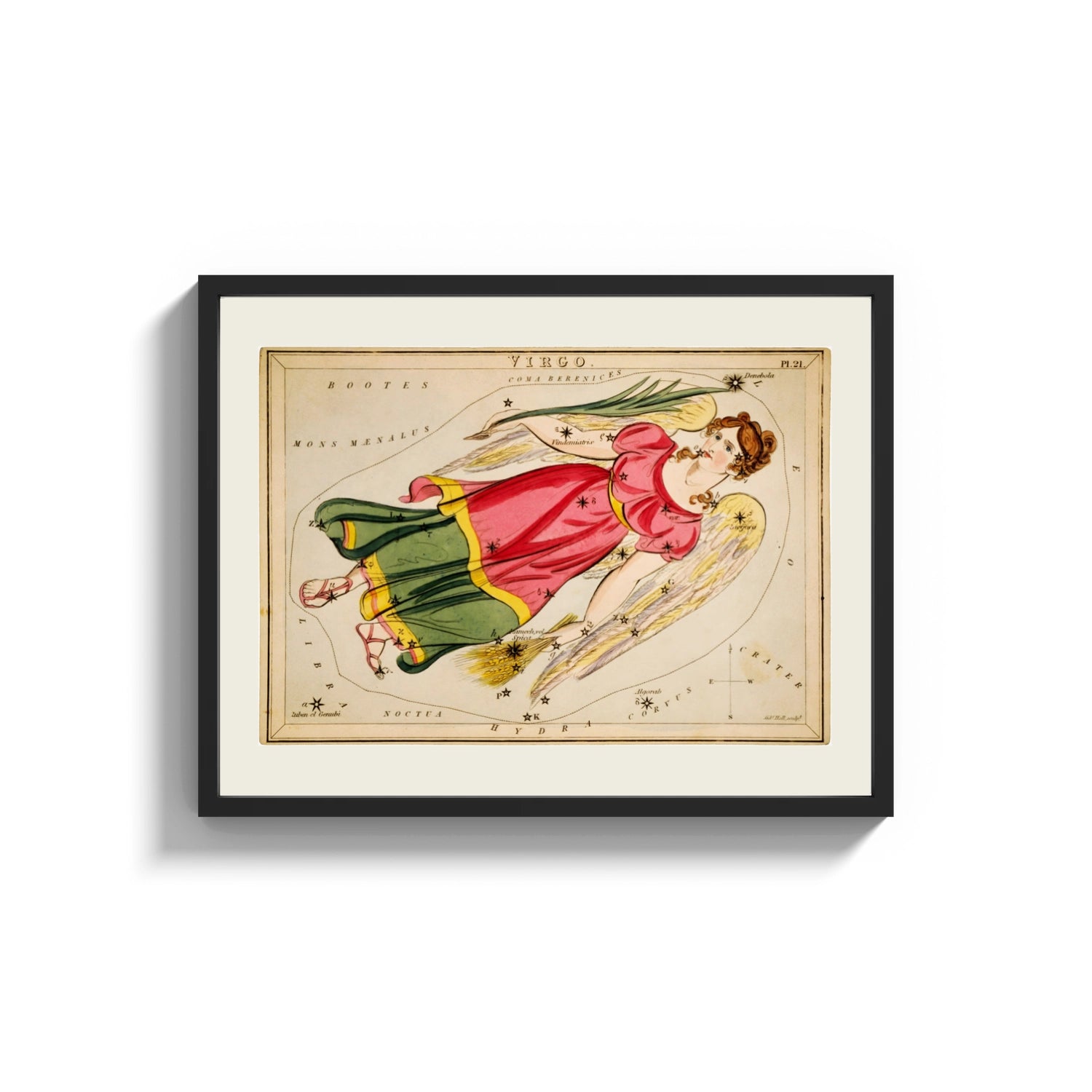 Framed Virgo constellation maiden with wheat print shown as a wide statement piece on a clean white wall