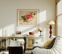 Virgo constellation maiden with wheat print in an oak frame above a mid-century book console with a vintage radio