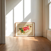 Virgo constellation maiden with wheat print in an oak frame on a sunlit wood floor beneath tall window light