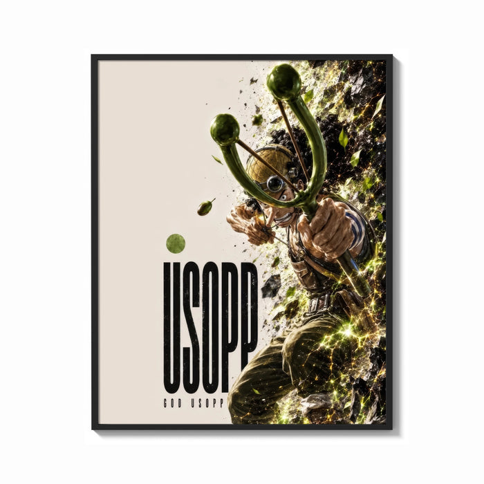 Framed Usopp aiming slingshot in action print shown as a bold statement piece on a clean gallery wall