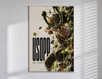 Usopp aiming slingshot in action poster in a slim frame on a bright wall with soft window light