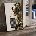 Usopp aiming slingshot in action print in a black frame leaning beside a vintage door on parquet