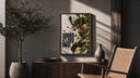 Usopp aiming slingshot in action poster framed above a fluted sideboard beside an olive tree