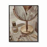 Framed Vanity Mirror with Perfume and Jewelry print shown as a bold statement piece on a clean gallery wall