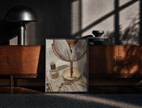 Black-framed Vanity Mirror with Perfume and Jewelry print on the floor in front of a dark wooden console